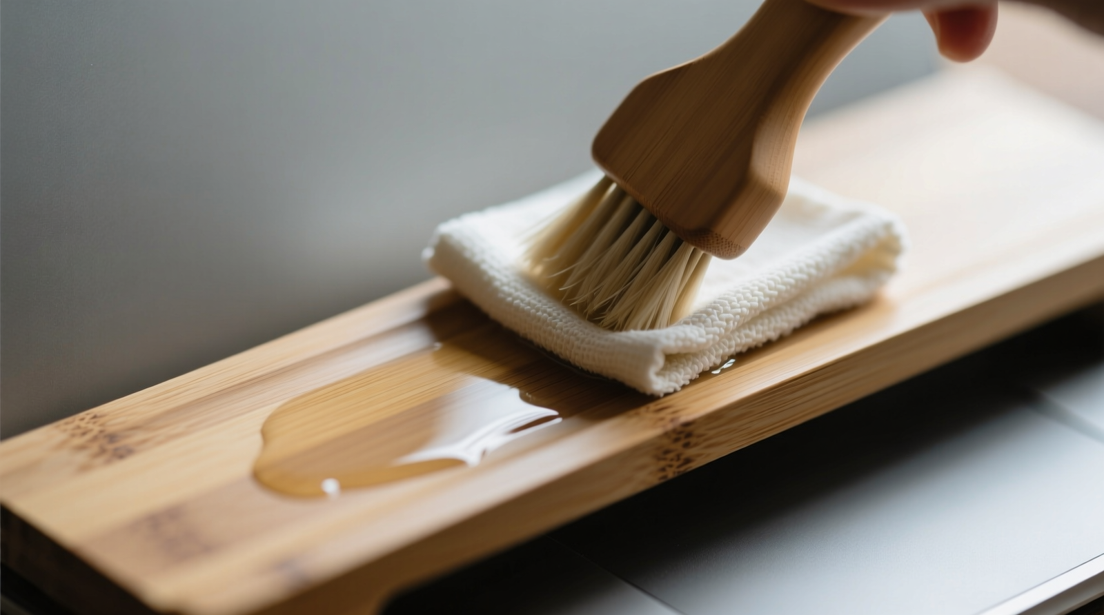 Close-up of a matte-finish bamboo laptop stand being gently buffed with a folded microfiber cloth dampened with rice water solution—no visible moisture pooling, ambient lighting soft and even