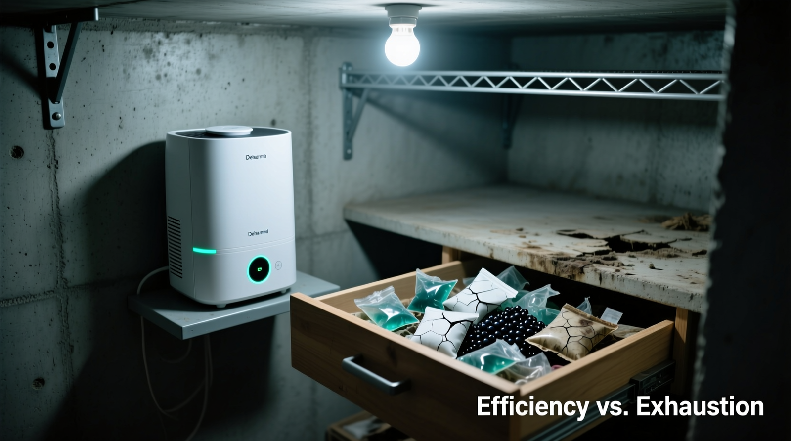 Side-by-side comparison: a compact closet dehumidifier mounted on a shelf beside an open drawer filled with exhausted, clumped silica gel packs—both inside a dimly lit, concrete-walled basement closet with visible moisture-resistant shelving
