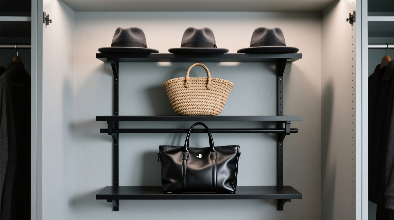 A white closet interior showing three repurposed black gaming peripheral stands mounted vertically on the left wall: top tier holds folded silk scarves, middle tier displays leather belts looped over bars, bottom tier suspends metal hair clips and beaded headbands on miniature S-hooks. All tiers are evenly spaced, uncluttered, and fully visible.