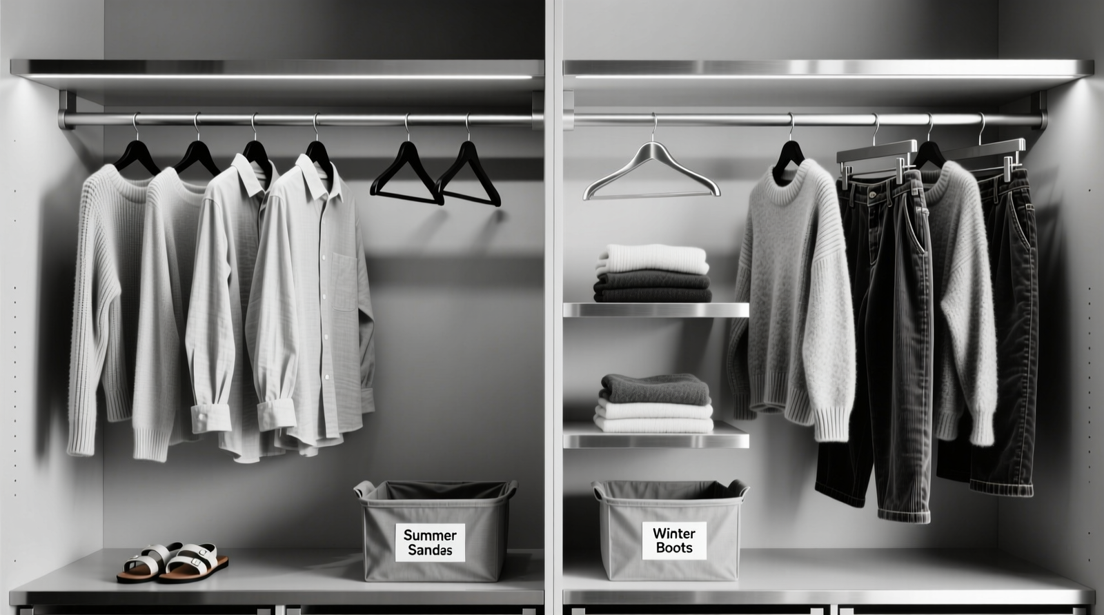 Overhead view of a shared closet with clearly labeled blue, red, and green washi-tape zones on rods; uniform coated wire hangers hold shirts left-to-right, while wooden hangers carry jackets on a separate lower section—no overlapping, no visible clutter, no personal labels.