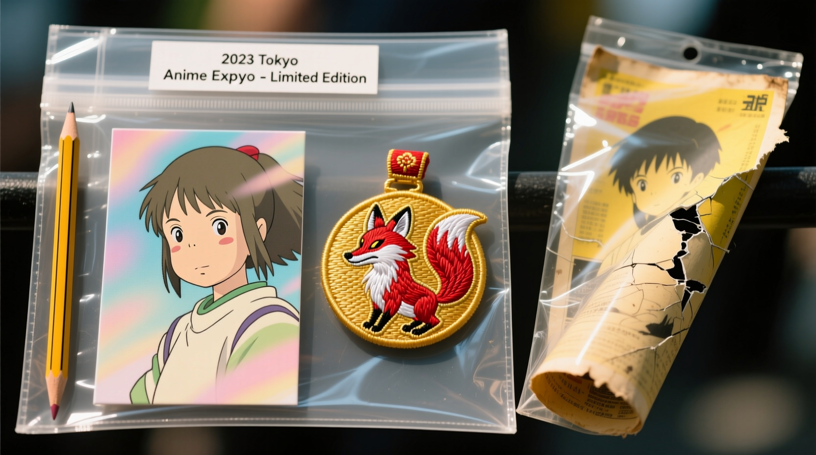 Side-by-side comparison: an anime poster and embroidered convention badge neatly housed in a wide, clear archival garment sleeve with labeled pencil notation on the flap; beside it, a curled, yellowed poster half-slipped from a cracked, opaque poster sleeve