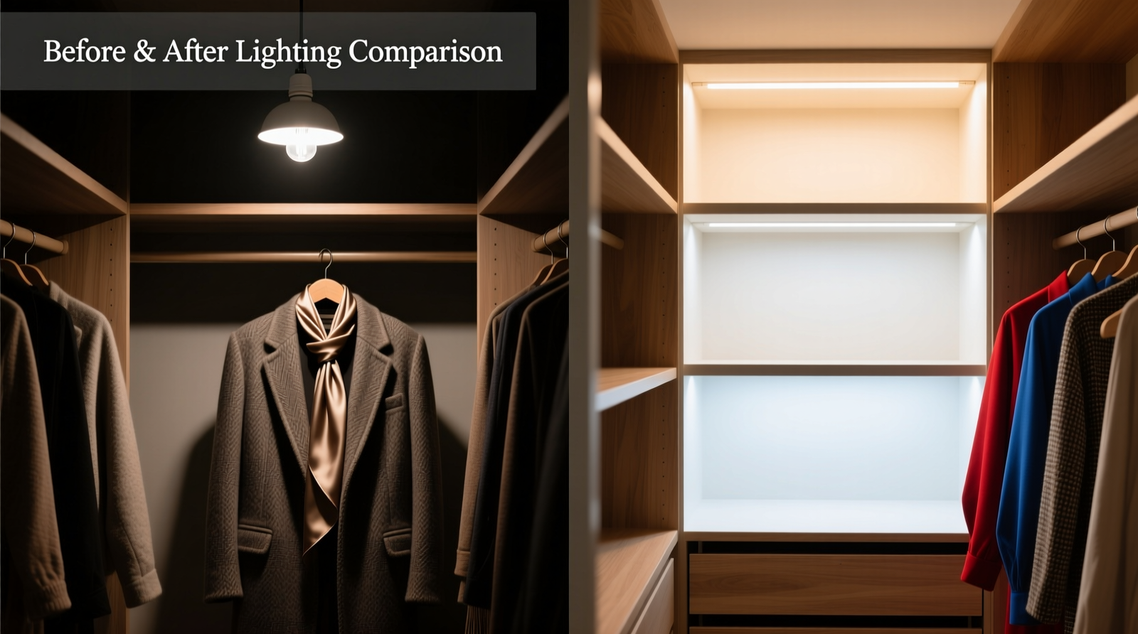 Side-by-side comparison showing a closet with standard single overhead bulb (left) versus a three-layer smart lighting setup (right), highlighting even facial illumination, visible fabric texture, and accurate color rendering on a wool blazer and silk scarf
