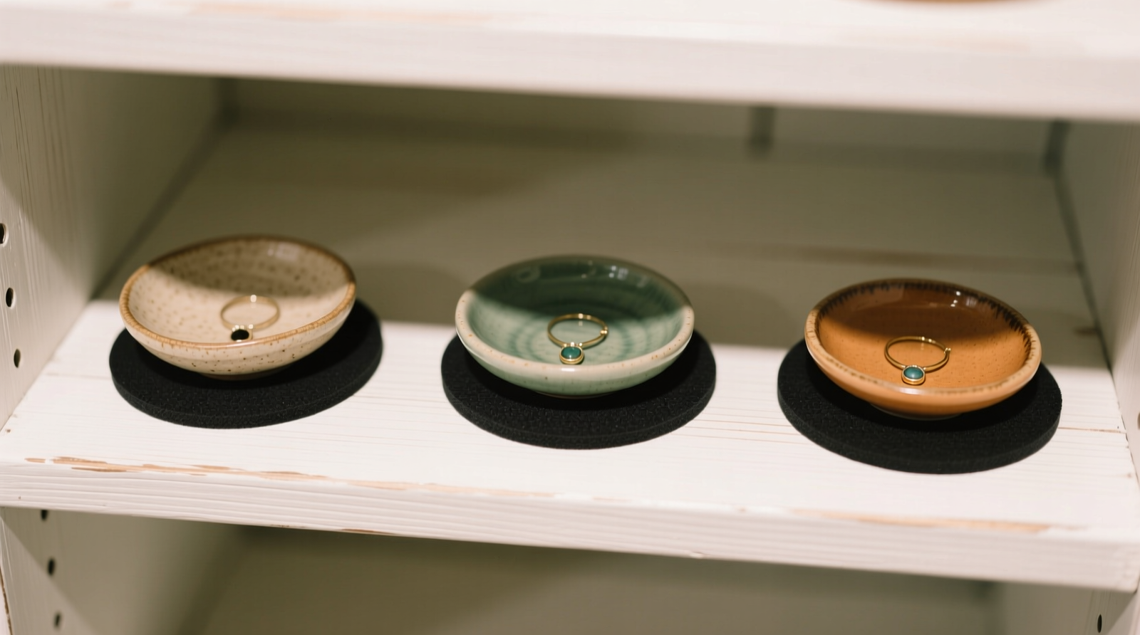 Three ceramic jewelry dishes standing upright in a custom-fitted closet drawer, each separated by slim black velvet-lined cardboard dividers; background shows matte gray closed-cell foam tape applied precisely along the drawer’s front lip