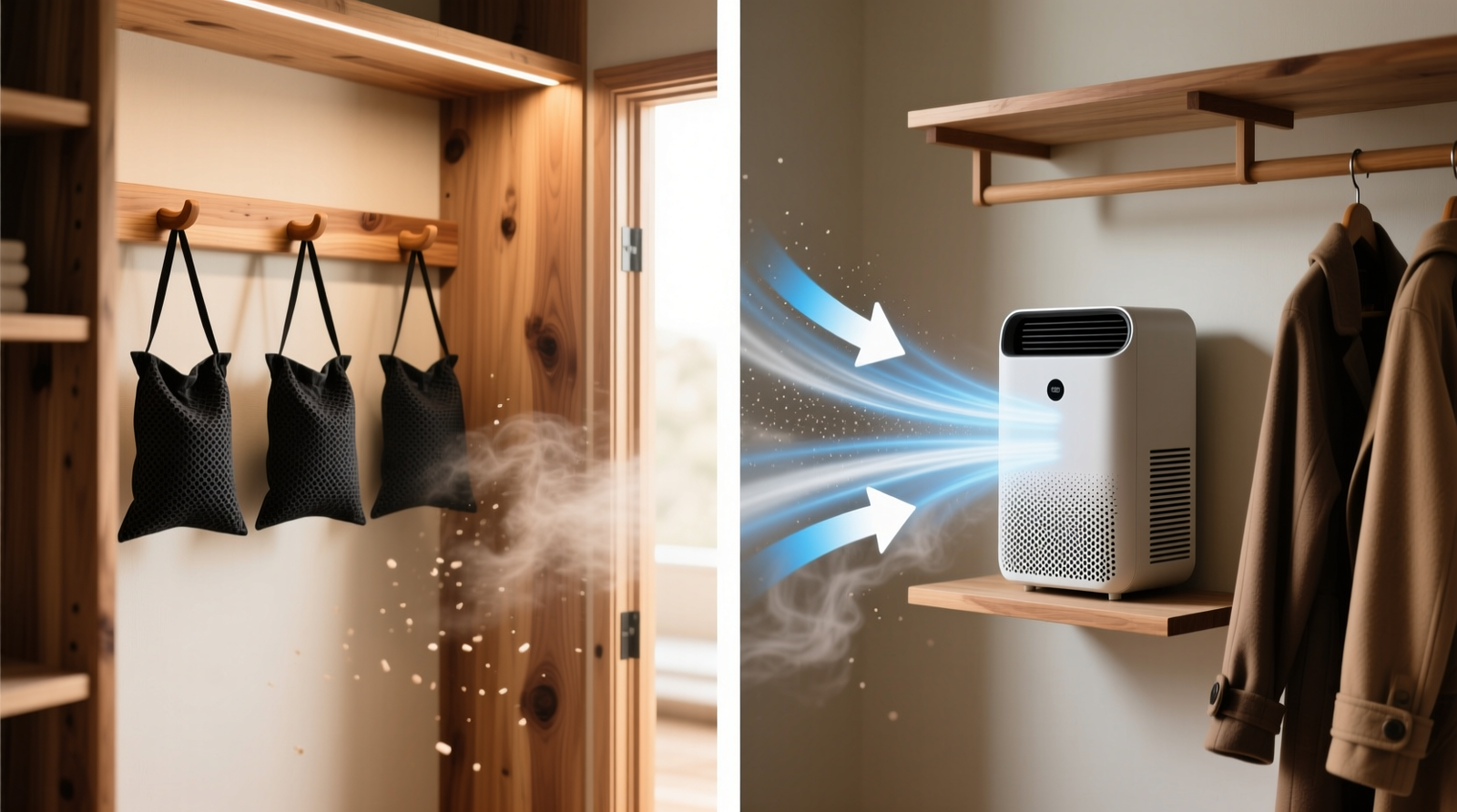 Side-by-side visual: left shows three evenly spaced activated charcoal bags inside a cedar-lined closet with door slightly ajar; right shows a compact air purifier mounted on a shelf beside hanging coats, with visible airflow arrows indicating turbulent, short-path circulation