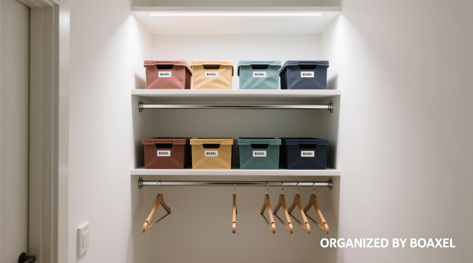 A narrow 22-inch-deep closet in a studio apartment, fully optimized with a white BOAXEL track system: double hanging rods at varied heights, shallow pull-down shelf above, labeled fabric bins on floating ledges, and velvet hangers aligned with precision