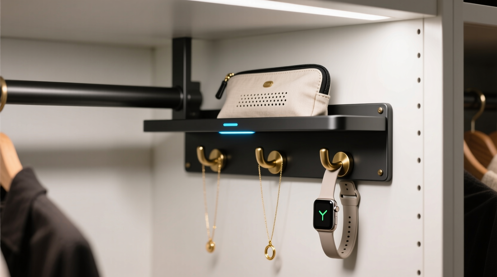 A minimalist matte-black metal shelf mounted in a closet corner, with a slim wireless charging pad visible just beneath its front lip; three velvet-lined brass hooks hang below, holding delicate gold necklaces and a smartwatch; a discreet fabric pouch with subtle ventilation perforations sits tucked behind the shelf
