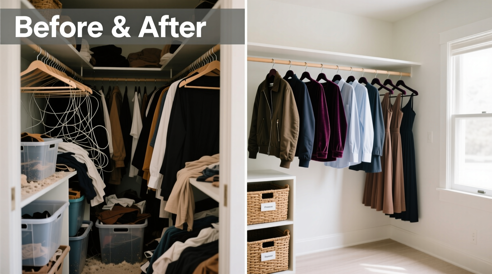 Side-by-side comparison: left side shows a cramped closet with tangled hangers, mismatched bins, and visible dust; right side displays the same space after editing—uniform velvet hangers, grouped by type and hue, labeled woven baskets on open shelving, and empty floor space beneath the rod