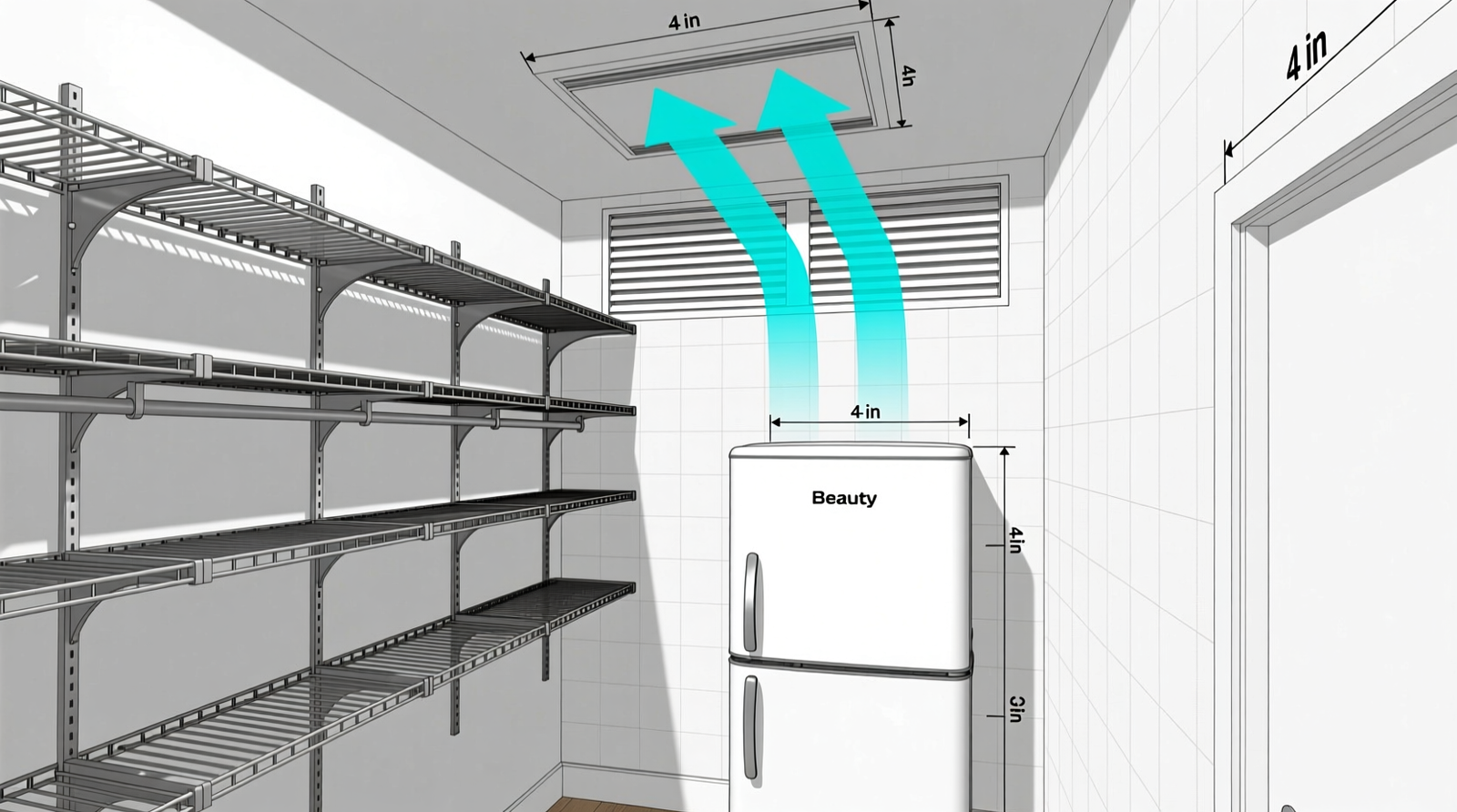 Side-view schematic of a walk-in closet showing open metal shelving, a louvered vent panel installed at the upper rear wall, and a beauty fridge positioned with 4-inch clearance from back and side walls—arrows indicating upward airflow path