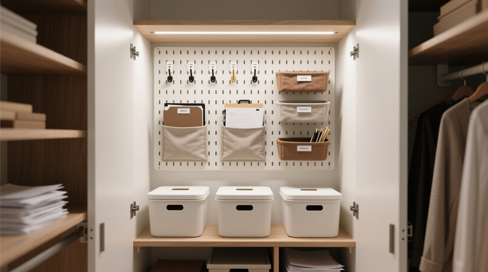 A narrow closet desk combo with labeled vertical zones: top shelf holding a compact label maker and USB hub; middle section featuring a pen cup, wireless mouse, and open laptop; bottom drawer with three upright hanging files marked 'Sign,' 'Invoice,' and 'Shred,' plus a small tray for paperclips and binder clips.