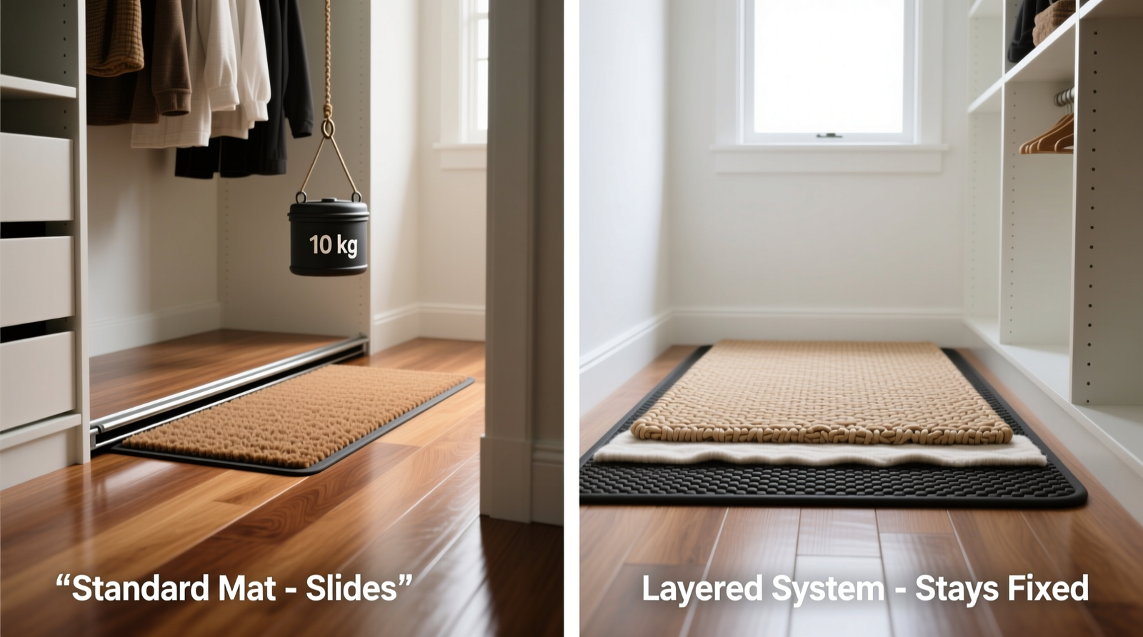 Side-by-side comparison showing a standard closet floor mat sliding sideways on hardwood versus a layered system (rubber-grip rug beneath woven cotton mat) remaining perfectly aligned under identical hanging load