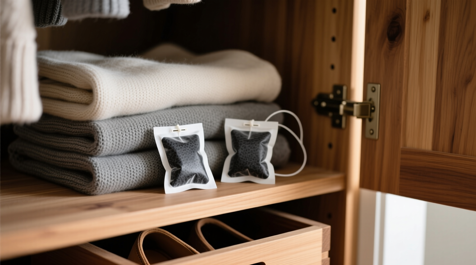 Two activated charcoal sachets placed strategically inside a cedar-lined closet: one tucked beneath a folded sweater stack, another nestled inside a shoebox on the bottom shelf—demonstrating targeted, non-intrusive odor control without wires, fans, or visible hardware