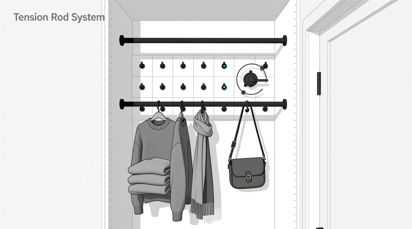 Side-view diagram of a narrow, doorless closet with two matte-black tension rods installed vertically between side walls, paired with adhesive smart hooks mounted on the back panel holding folded sweaters, hanging scarves, and a crossbody bag on a rotating hook