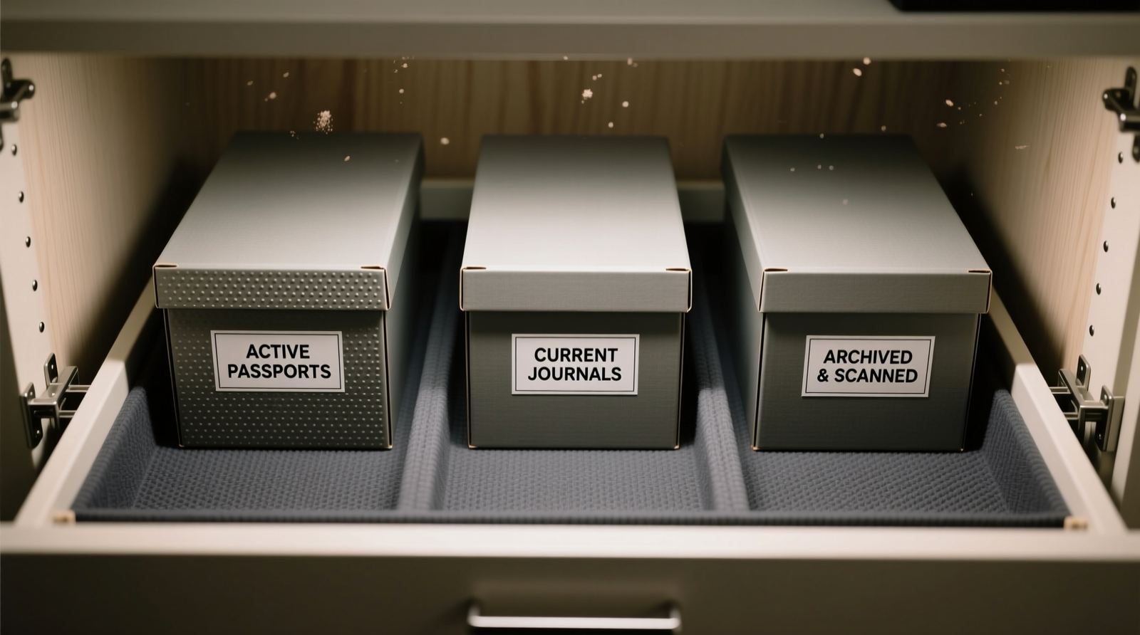 Overhead view of a shallow, well-lit closet security drawer containing three upright archival boxes: left box labeled 'ACTIVE PASSPORTS' with embossed dot pattern, center box 'CURRENT JOURNALS', right box 'ARCHIVED & SCANNED'. All boxes sit on dark gray non-slip liner with precise spacing.