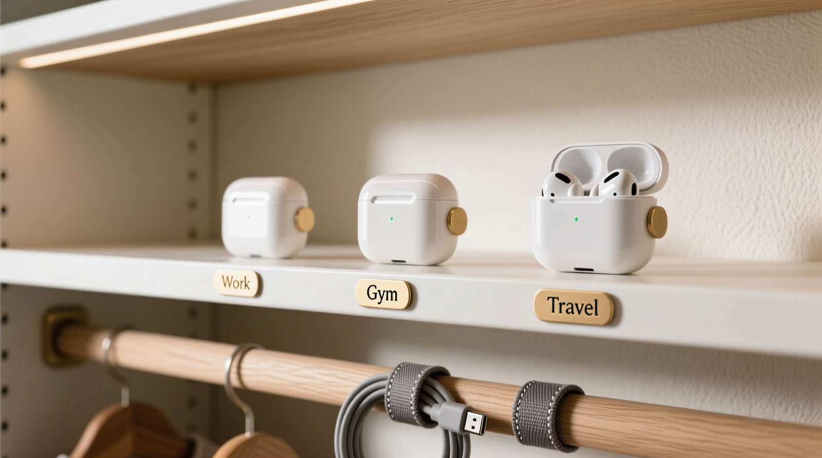 A minimalist closet interior showing a white oak shelf with three upright wireless earbud cases mounted on discreet magnetic strips, each labeled with a small engraved brass tag (e.g., 'Work', 'Gym', 'Travel'), USB-C cables neatly coiled and clipped to the shelf edge with fabric-wrapped Velcro ties