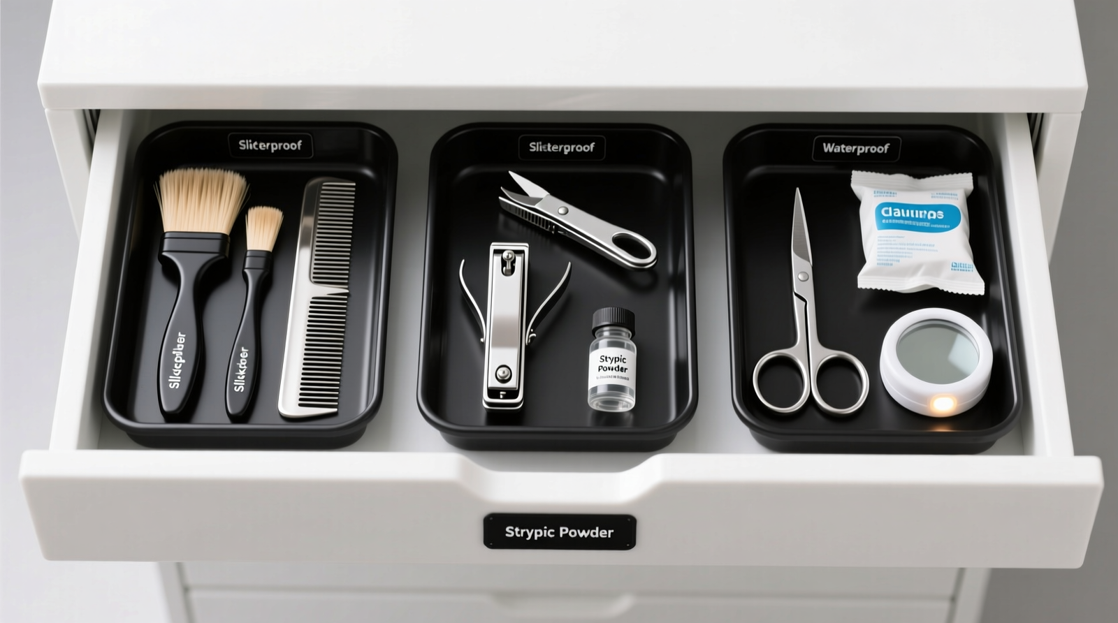 A well-lit shared family closet showing a compact, lockable acrylic cabinet mounted at waist height, with labeled internal compartments holding upright dog brushes, a clipper cradled in foam, and stainless steel blades in individual blade-safe sleeves. A small sign above reads 'Pet Tools — Ask Before Opening.'