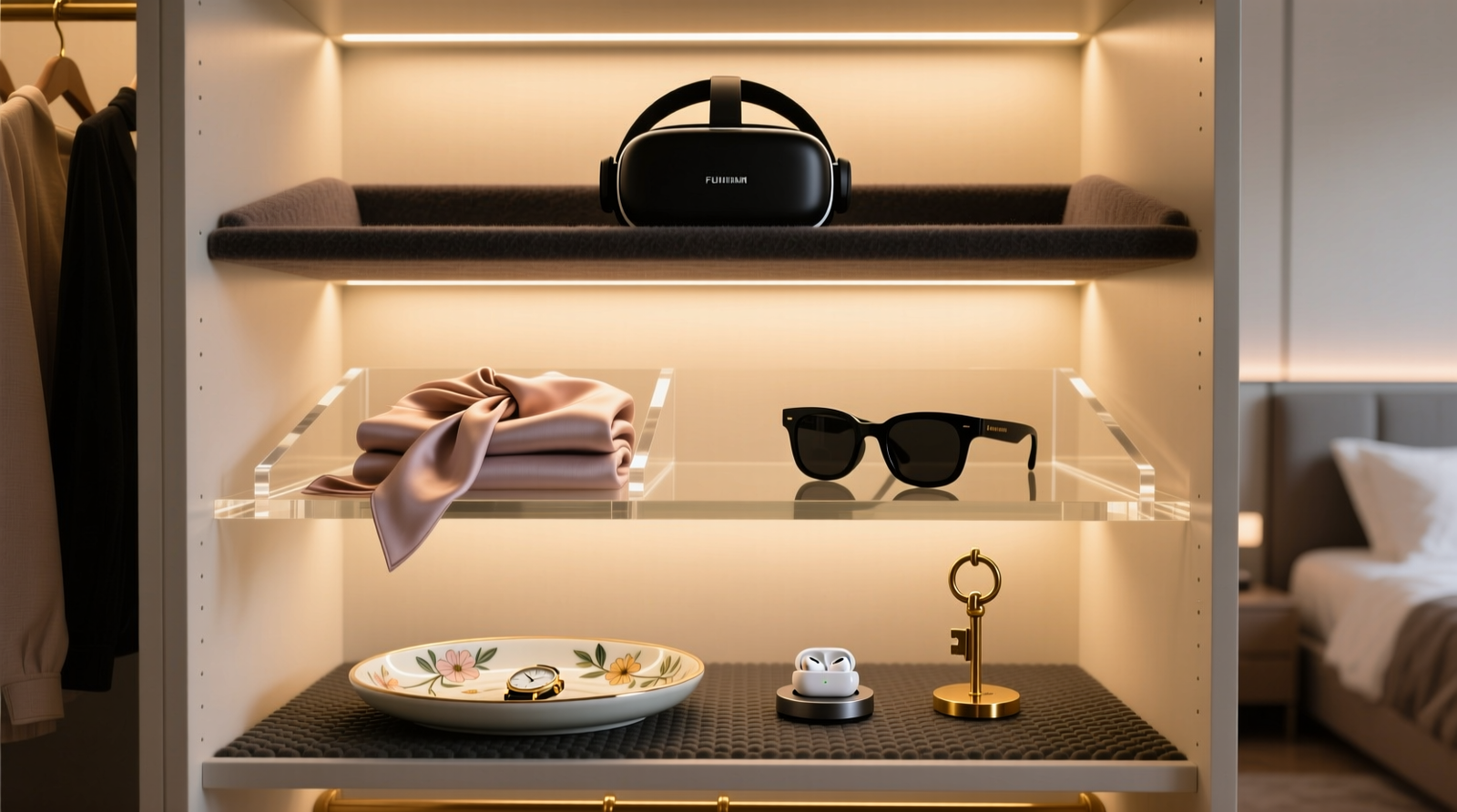 Close-up photo showing three color-coded VR cables—white, blue, and black—running vertically inside slim black adhesive channels mounted on a white closet side panel; each cable feeds into a compact spring-loaded reel positioned at consistent 32-inch height; labels reading 'Quest 3', 'PSVR2', and 'Valve Index' are visible beneath reels.