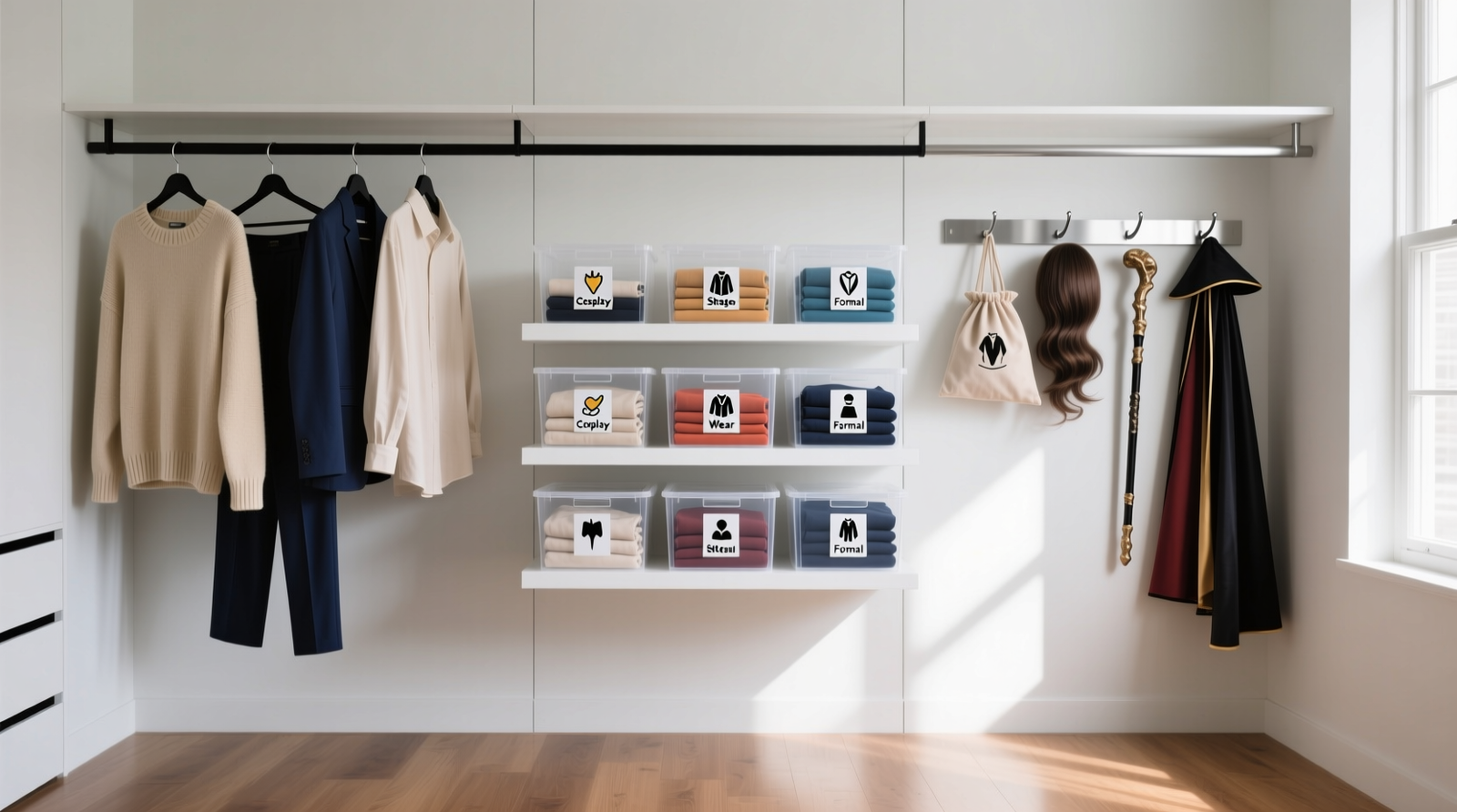 A streamlined closet showing three distinct zones: left side with neutral daily wear on slim hangers, center shelf with labeled, flat-folded convention outfits in uniform bins, right side with open hooks for quick-access accessories like wigs and props