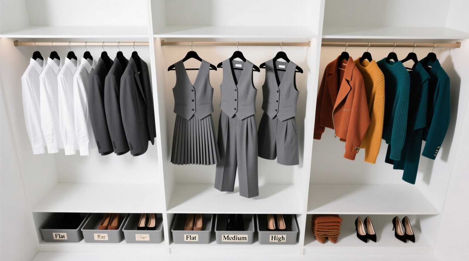Overhead view of a streamlined closet with three clearly labeled hanging zones: Studio-Ready (crisp white shirts and charcoal blazers), Content-Ready (vibrant knits and asymmetrical jackets in coordinated ochre, rust, and deep teal), and Hybrid (three identical tailored vests in heather gray, each paired with different bottoms beneath). All garments hang on uniform matte-black velvet hangers; floor-level bins hold only footwear aligned by platform use.