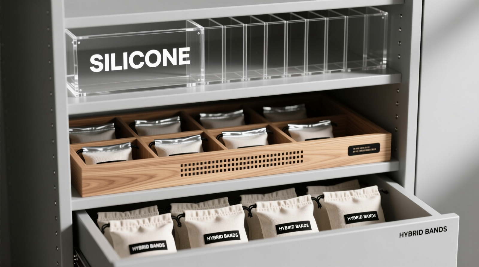 Four labeled, minimalist storage solutions side-by-side: ventilated silicone box, cotton pouch with visible silica gel, flat nylon band on cardboard tube, fluoroelastomer band resting on anti-static felt in shallow tray