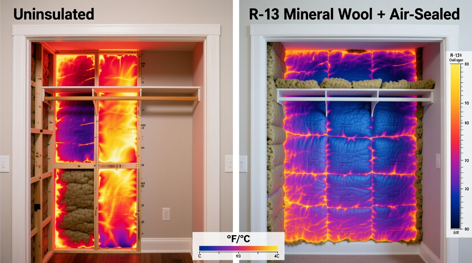 Side-by-side infrared thermography images showing thermal bridging at an uninsulated closet back wall versus uniform surface temperature after R-13 mineral wool installation and air-sealing