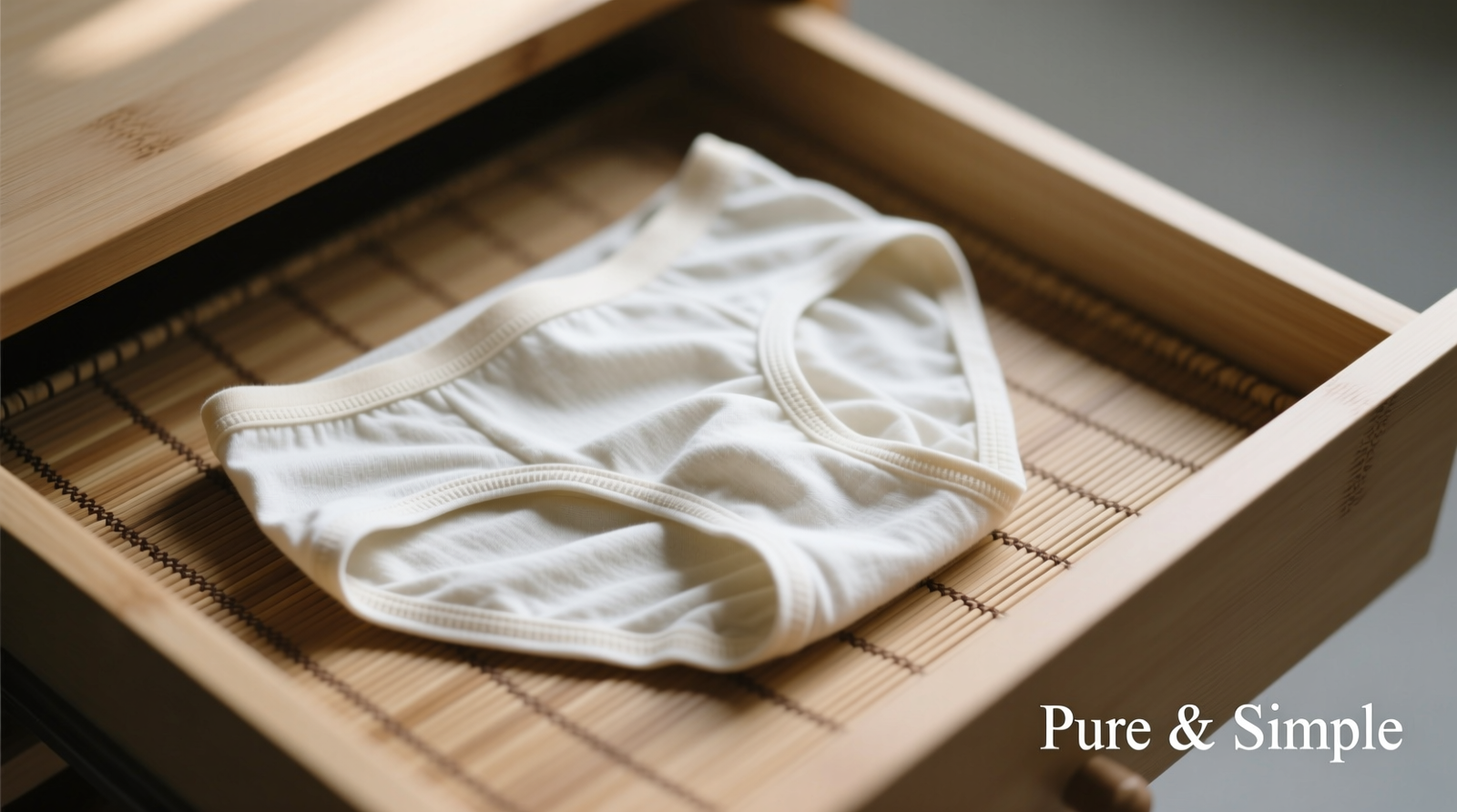 Close-up of folded organic cotton underwear resting on smooth, matte-textured bamboo drawer liner, with visible weave pattern and no adhesive residue at edges