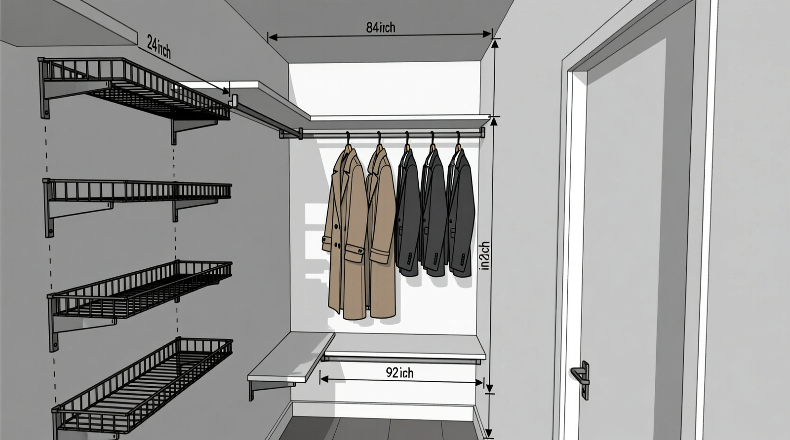 Overhead diagram showing a narrow closet interior with two parallel hanging rods: top rod mounted at 84 inches with long coats fully suspended, bottom rod at 44 inches with button-down shirts; slim velvet hangers visible, no crowding, 18-inch clearance above top rod, and a telescoping pull-down bar extending from ceiling