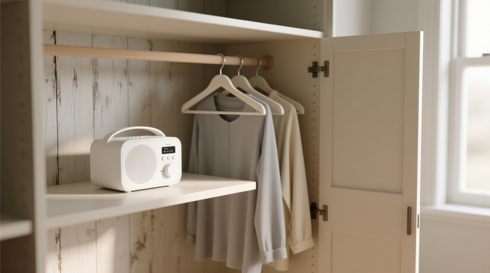 A shallow, light-colored closet with a compact white noise machine placed on the middle shelf, angled toward the left wall; the door is open just two inches, revealing soft fabric hangers and no visible wires.