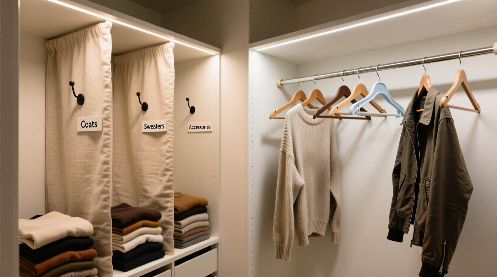 Two side-by-side closet interiors: left shows foldable fabric partitions creating three distinct vertical zones with labeled hooks and folded stacks; right shows a single tension rod dividing the space horizontally, with mismatched hanger density and visible sagging