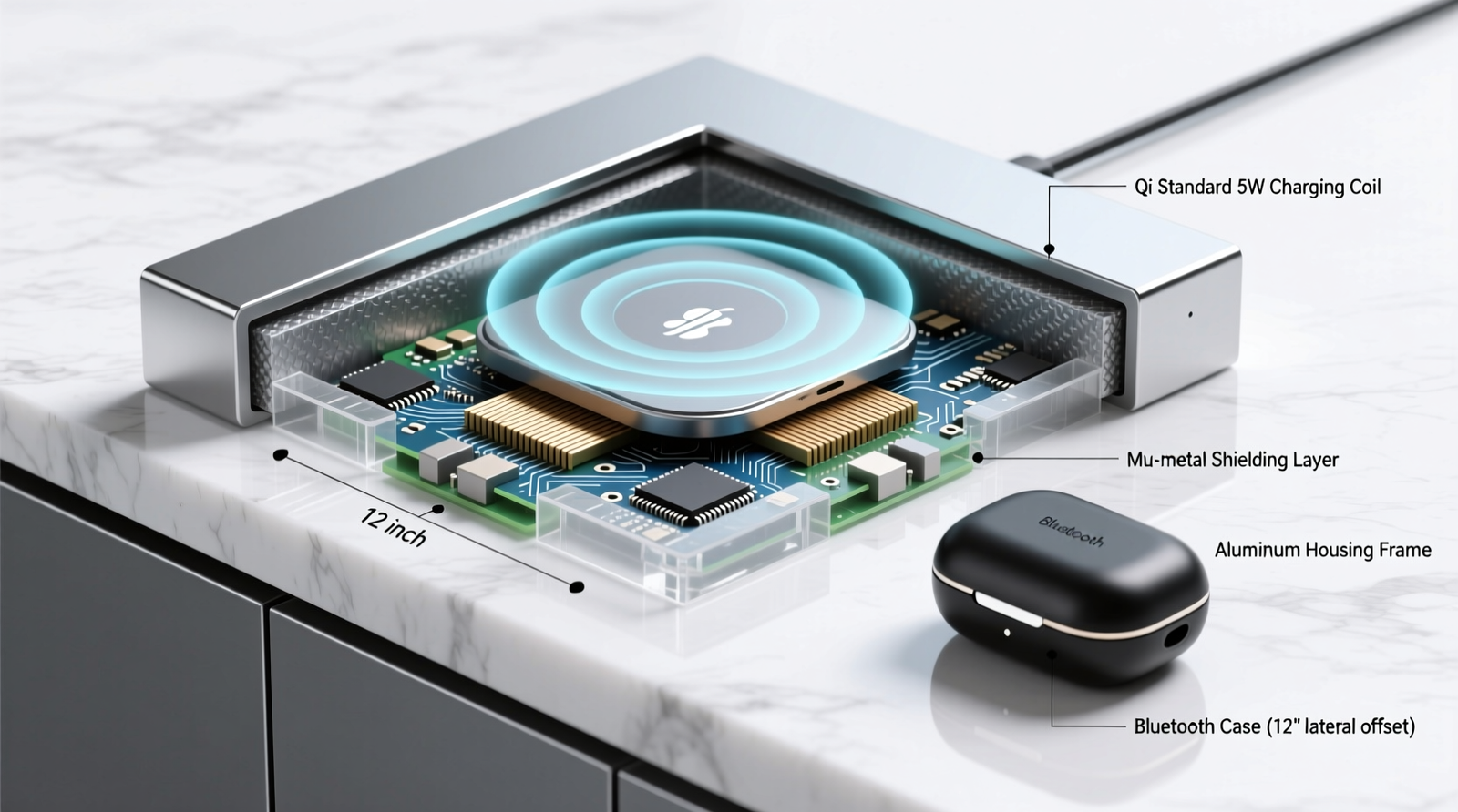 Cross-section diagram showing recessed wireless charging pad embedded in quartz countertop, surrounded by Mu-metal foil and aluminum housing, with Bluetooth headphone case positioned 12 inches laterally on same surface—no overlapping magnetic field lines visible