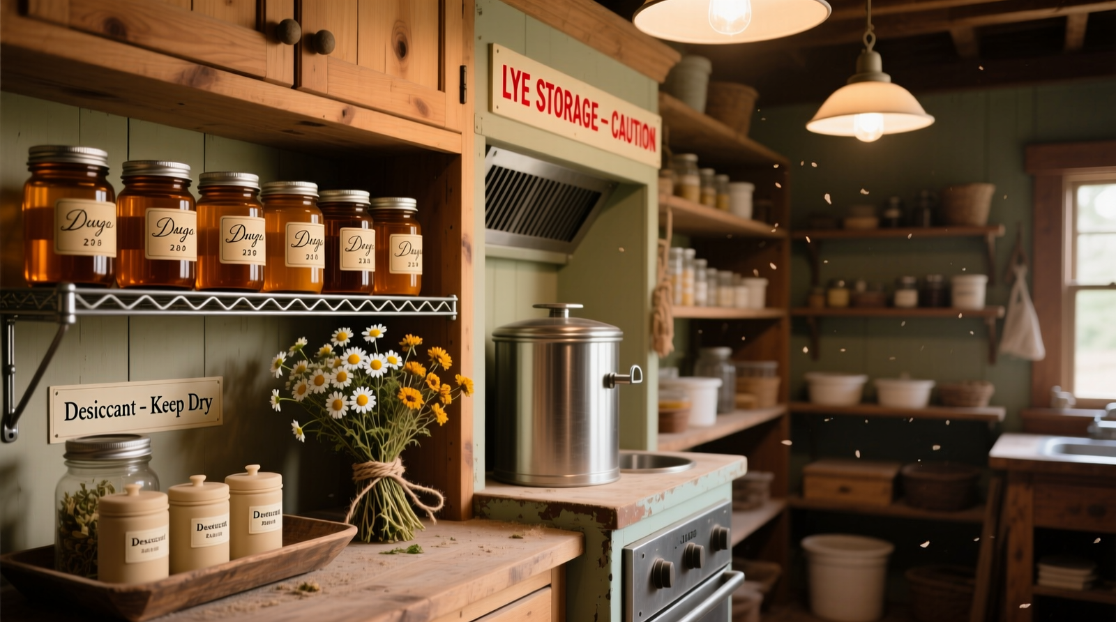A well-organized cottage soap-making closet featuring adjustable wire shelves, amber glass jars with printed batch-coded labels, small desiccant canisters beside dried chamomile and calendula, and a clearly marked lye station with ventilation gap above