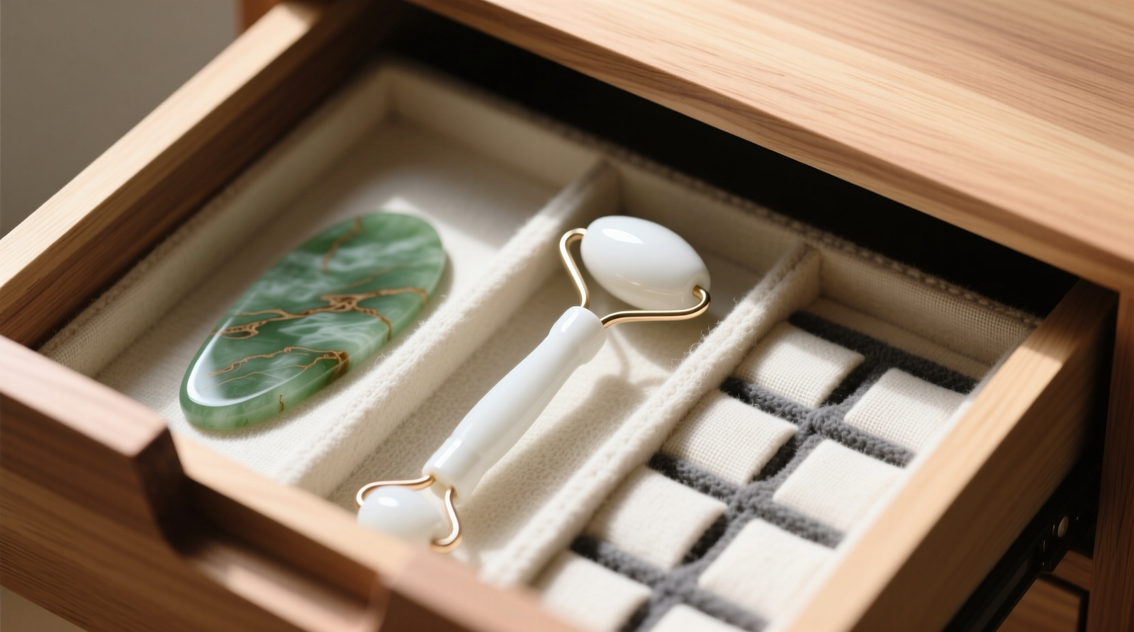 Top-down view of a shallow cedar-lined drawer with laser-cut felt slots holding a white ceramic face roller upright and a carved jade gua sha lying flat on its broad base, surrounded by neutral-toned linen drawer liners