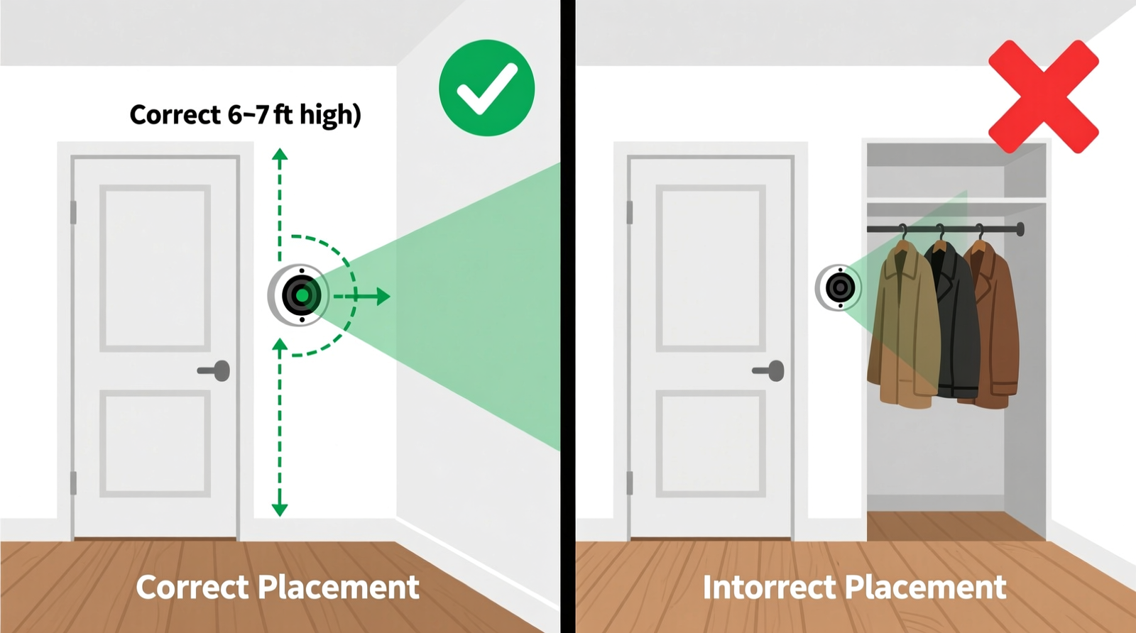 Side-by-side comparison showing a cluttered closet with erratic overhead lighting versus an organized walk-in with targeted under-shelf LEDs and a discreet magnetic door sensor mounted on the jamb