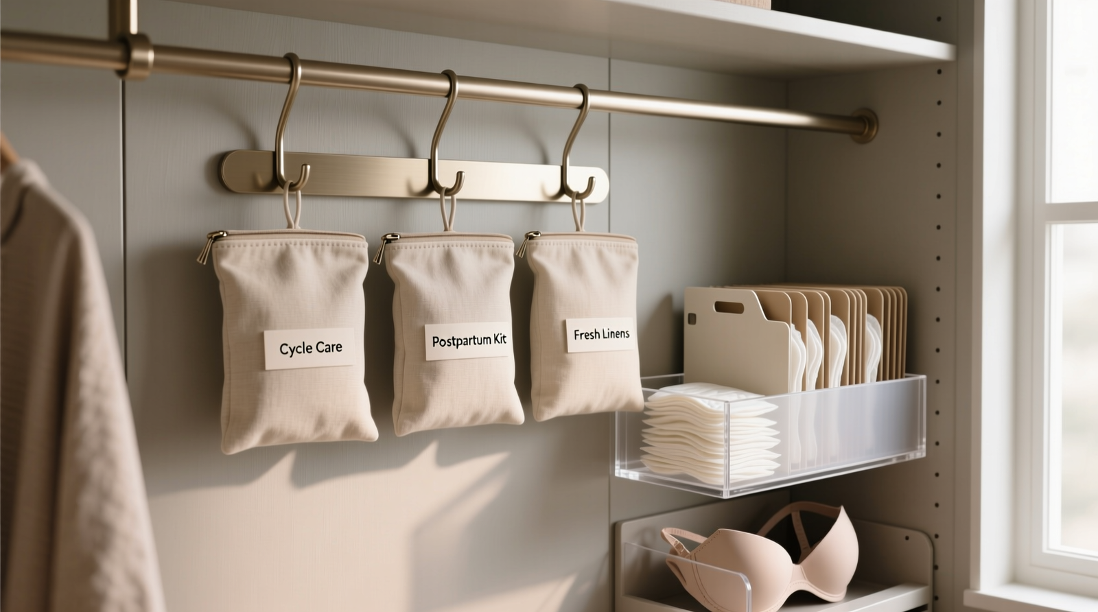 A minimalist closet interior showing a removable brushed-nickel hook bar mounted vertically on the back panel, holding three neutral-toned fabric pouches labeled 'Cycle Care', 'Postpartum Kit', and 'Fresh Linens'; beside them, a shallow acrylic drawer divider holds nursing pads upright like file folders, aligned with bra storage