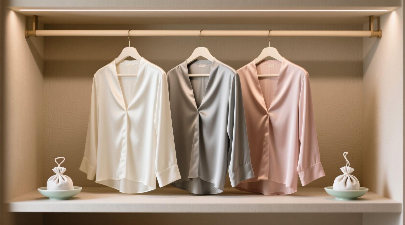 A minimalist closet shelf showing silk blouses hung on padded hangers, with small cotton sachets placed upright in ceramic dishes at shelf ends—no sachets touching fabric or tucked into garments