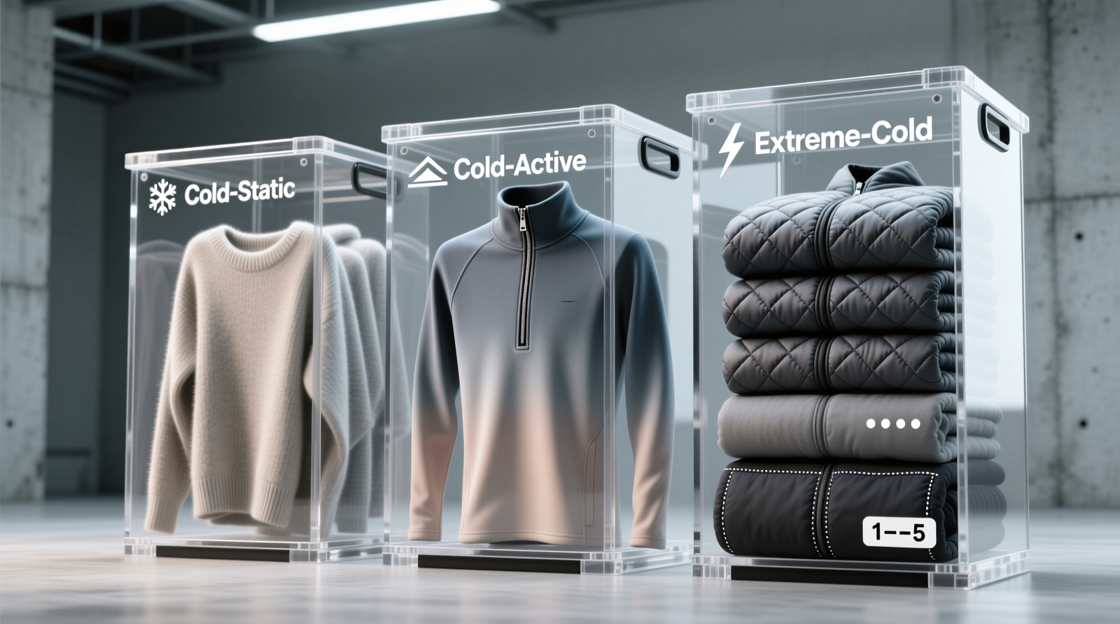 Three vertical acrylic bins side-by-side: left bin labeled '❄️ Cold-Static' with thin merino tops, center '⛷️ Cold-Active' holding mid-weight zip-neck layers, right '⚡ Extreme-Cold' containing thick, quilted thermal bottoms and tops—all with visible dot-rating labels on garment hems