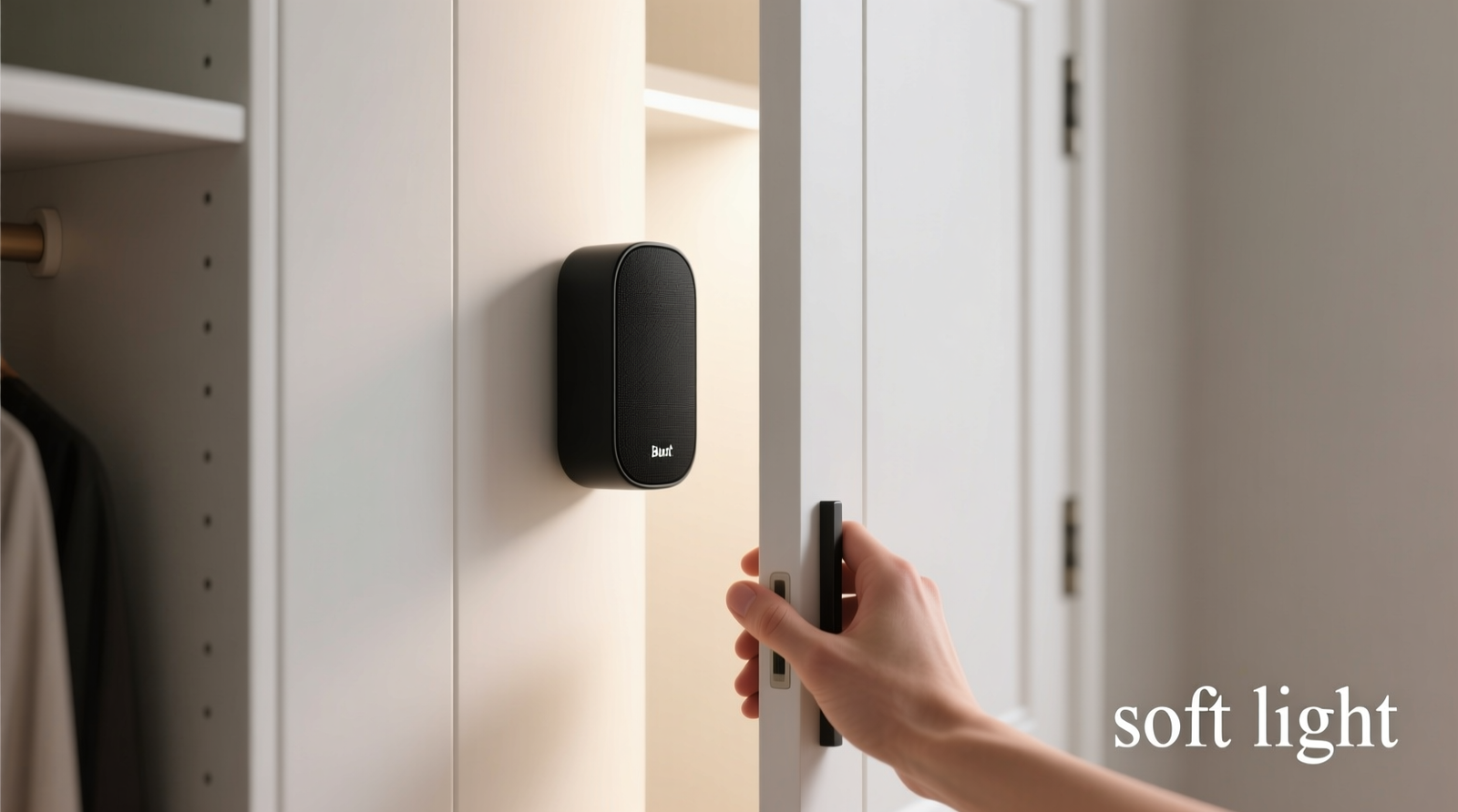 A minimalist white closet with a sleek, matte-black Bluetooth speaker mounted vertically on the exterior door frame, angled slightly inward; a hand is shown opening the door as soft light spills out