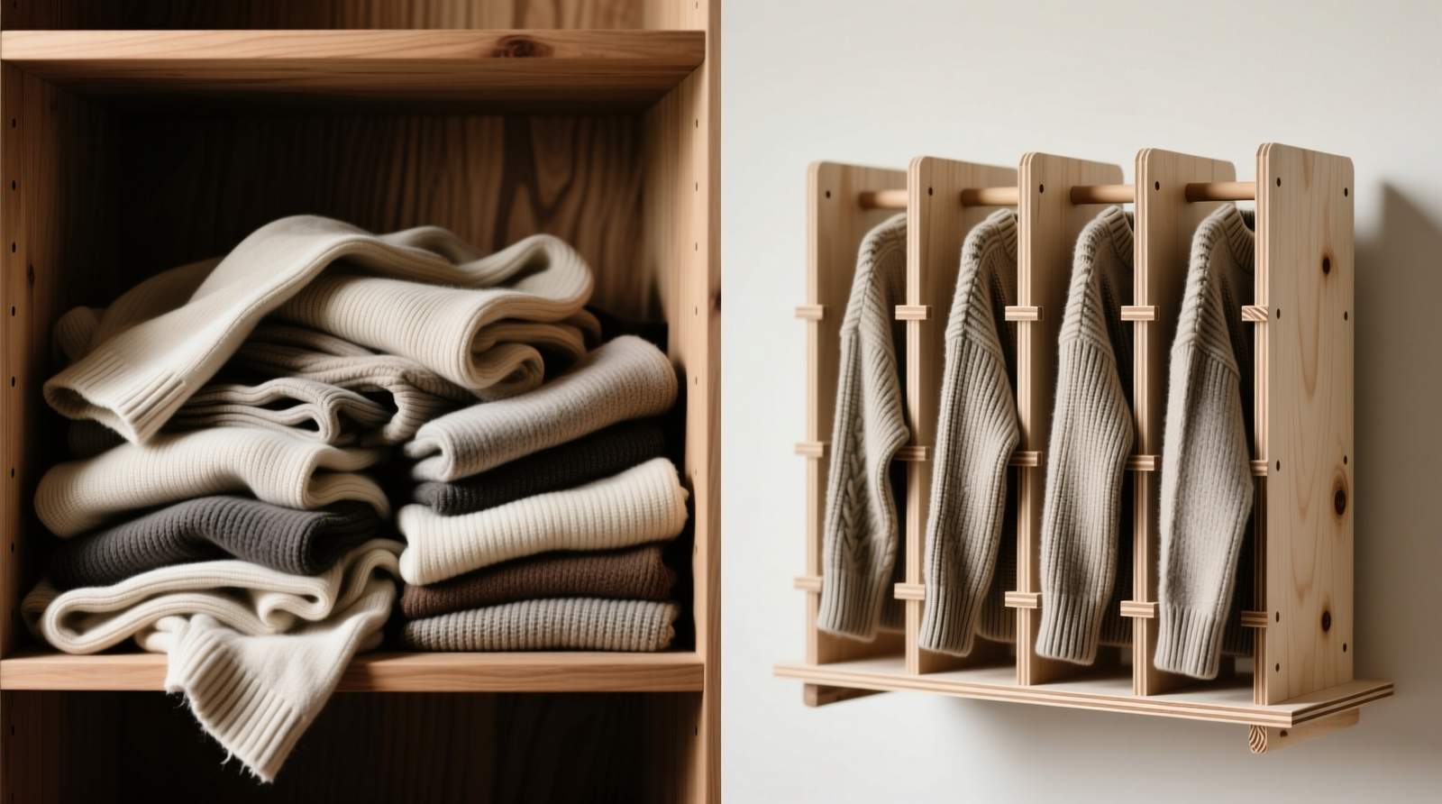 Side-by-side comparison: left shows folded sweaters collapsing on an open shelf; right shows identical sweaters held upright and stable by rigid, evenly spaced birch plywood shelf dividers anchored to shelf edges