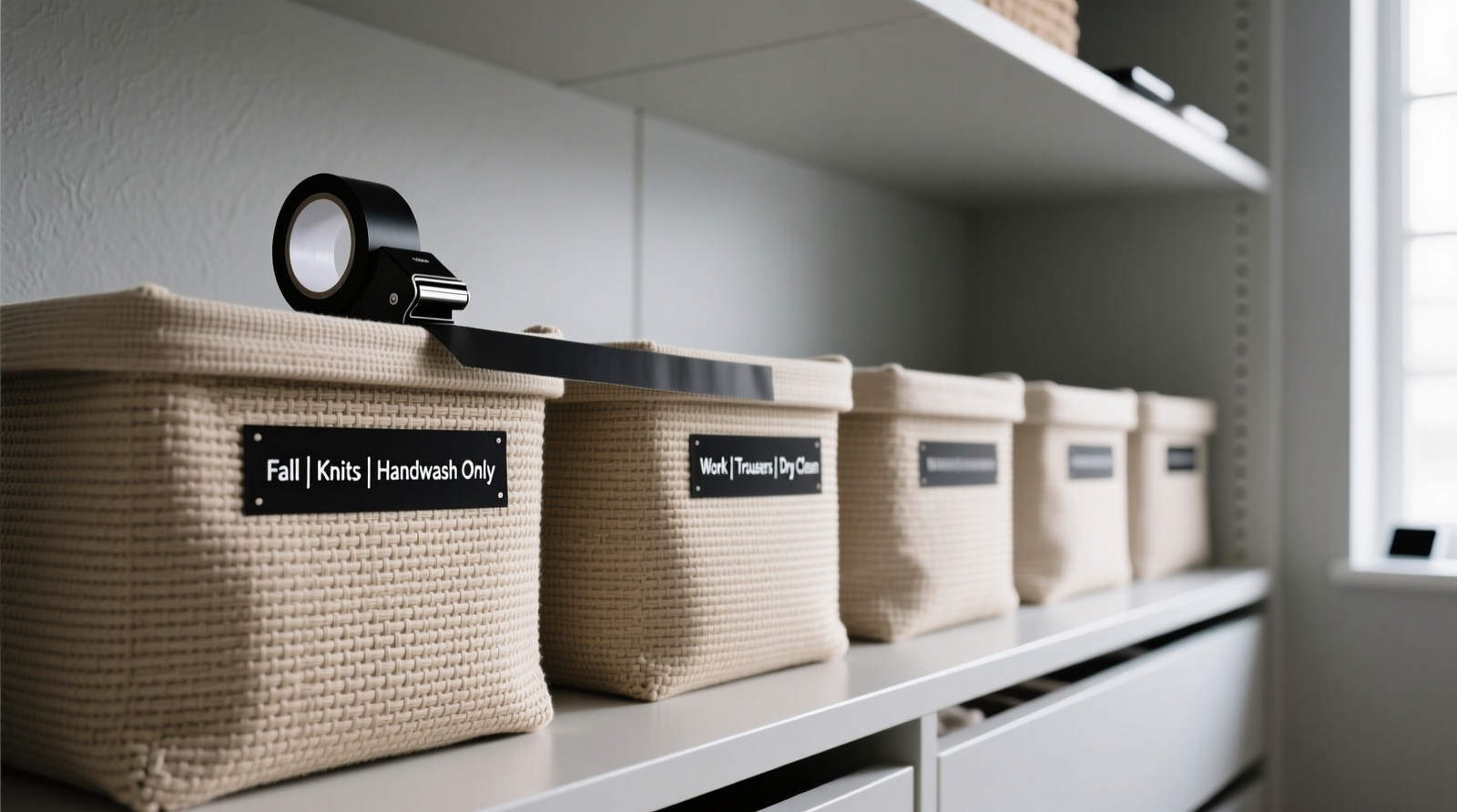 A minimalist closet with matte black label maker tape applied cleanly to woven fabric bins, labeled 'Fall | Knits | Handwash Only' and 'Work | Trousers | Dry Clean'; no visible phones or screens nearby