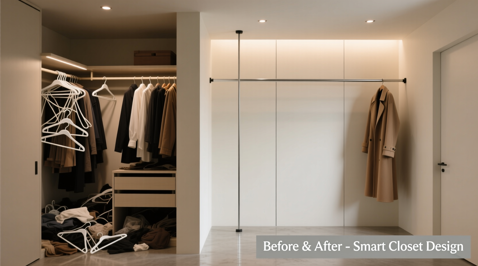 Side-by-side closet interior: left shows cramped double-rod setup with tangled hangers and obscured lower shelf; right shows single telescoping rod fully extended for coats, then retracted to mid-height for blouses—clean lines, full visibility, no overlap