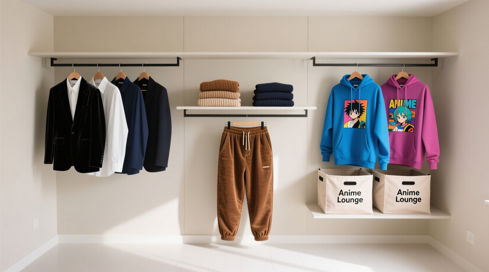 A minimalist closet with three clearly demarcated zones: left side with slim black hangers holding crisp shirts and blazers; center shelf with folded hybrid pieces like corduroy joggers and knit vests; right side with soft fabric bins labeled 'Anime Lounge' containing vibrant graphic tees and oversized hoodies.