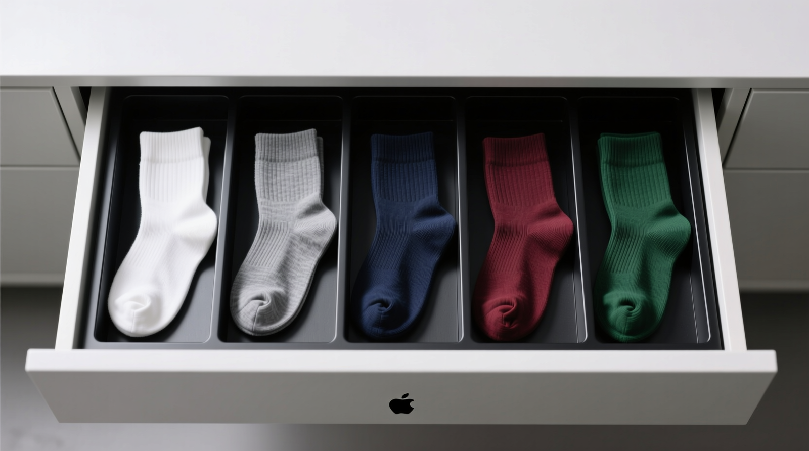 Top-down photo of a shallow dresser drawer with matte black rigid dividers creating six uniform vertical slots; each slot holds one folded sock pair upright, toes facing upward, colors coordinated left-to-right