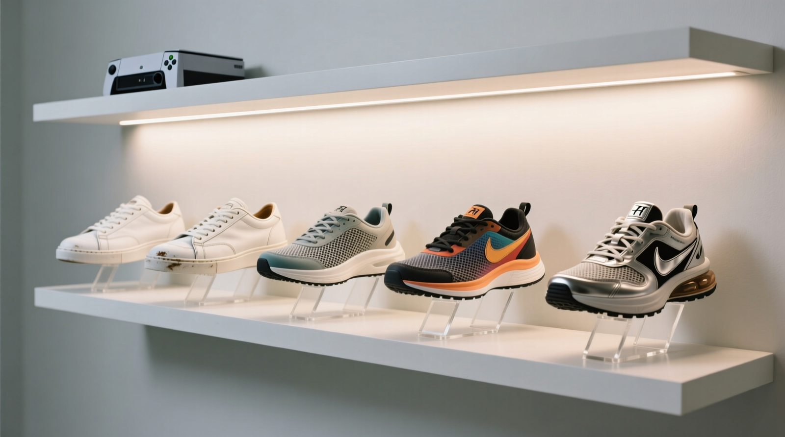 A matte-black repurposed gaming console shelf mounted vertically beside a white closet rod, holding neatly folded knit scarves, leather belts looped on hooks, and a small woven basket for gloves—clean, minimalist, and fully integrated into the closet’s aesthetic