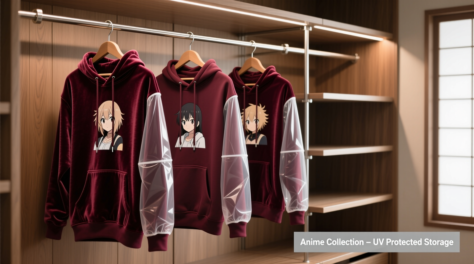 A well-organized closet section showing four anime hoodies hung on velvet hangers, each draped inward with print facing the garment’s interior, covered by translucent UV-blocking fabric sleeves; tiered rods maximize vertical clearance without crowding.