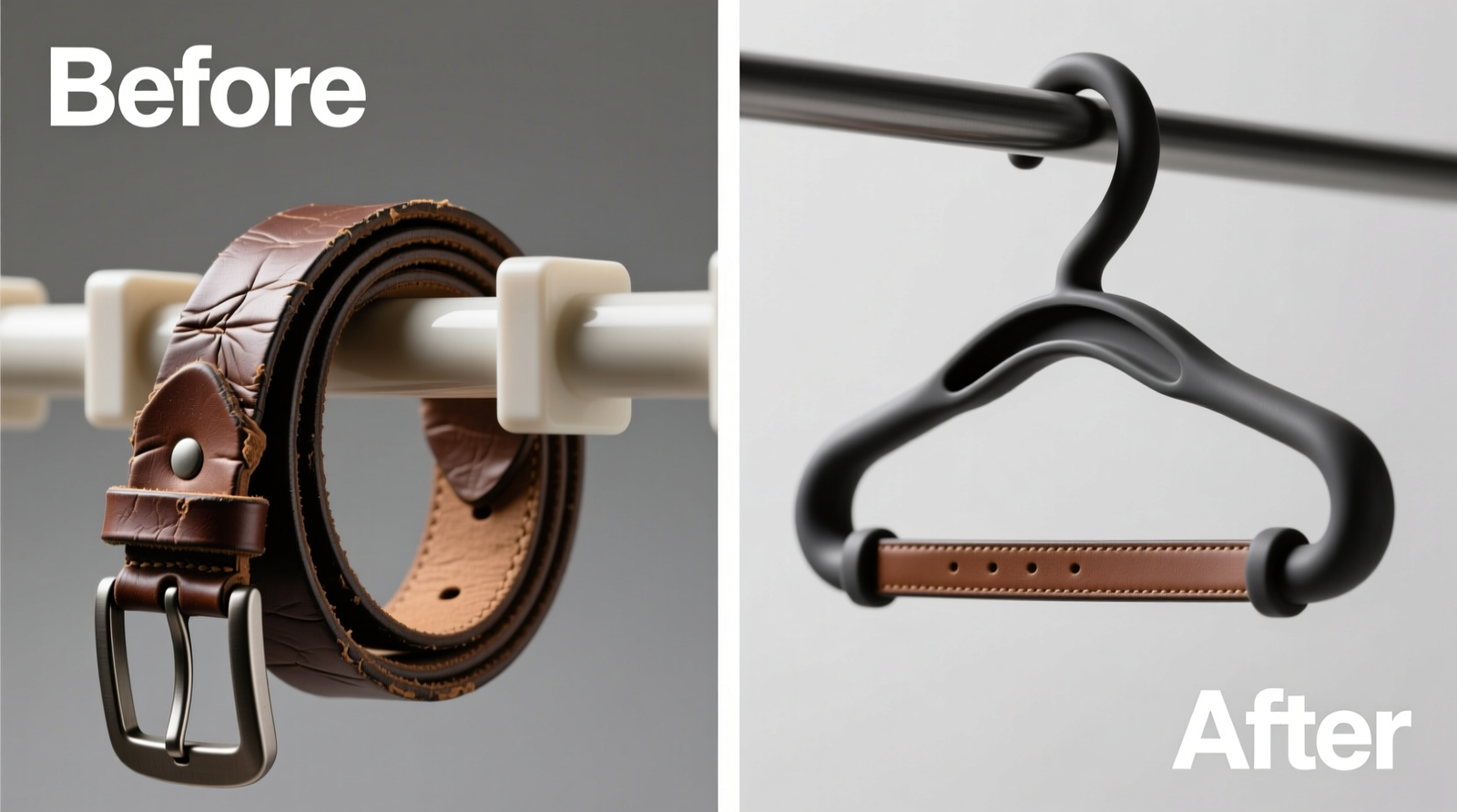 Side-by-side comparison: left shows leather belt twisted and kinked on a plastic belt rack; right shows same belt lying smoothly in a silicone-lined looped hanger bar, fully extended with even drape and visible airflow space beneath