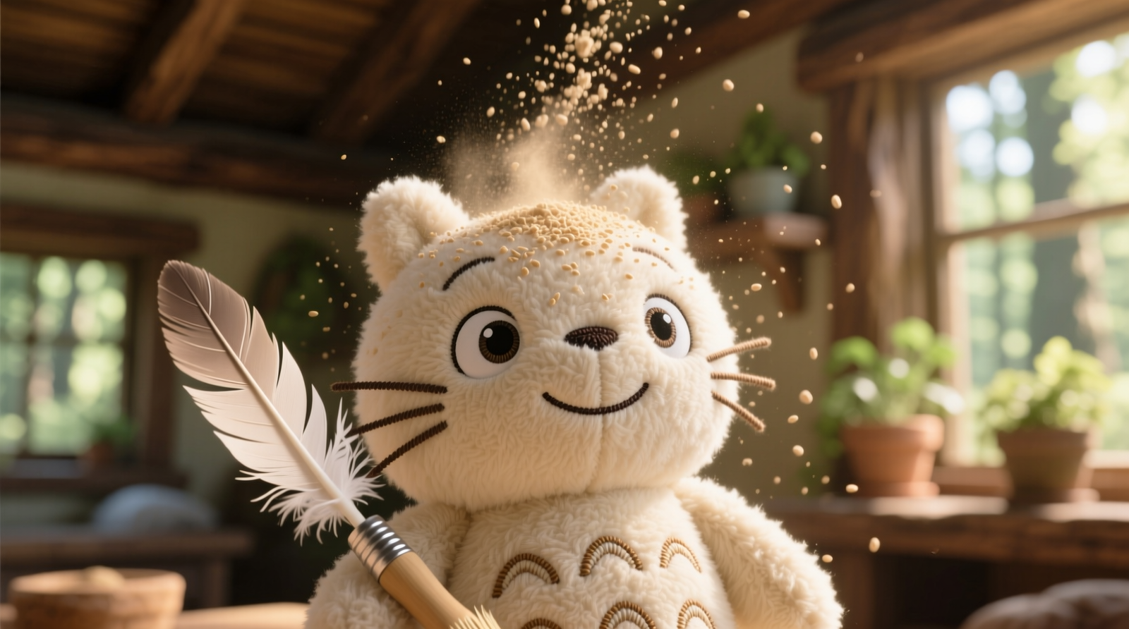 Close-up photo showing fine oatmeal powder being brushed off the embroidered face of a Studio Ghibli-style plush, with visible dust lifting from fabric nap but zero moisture or smudging