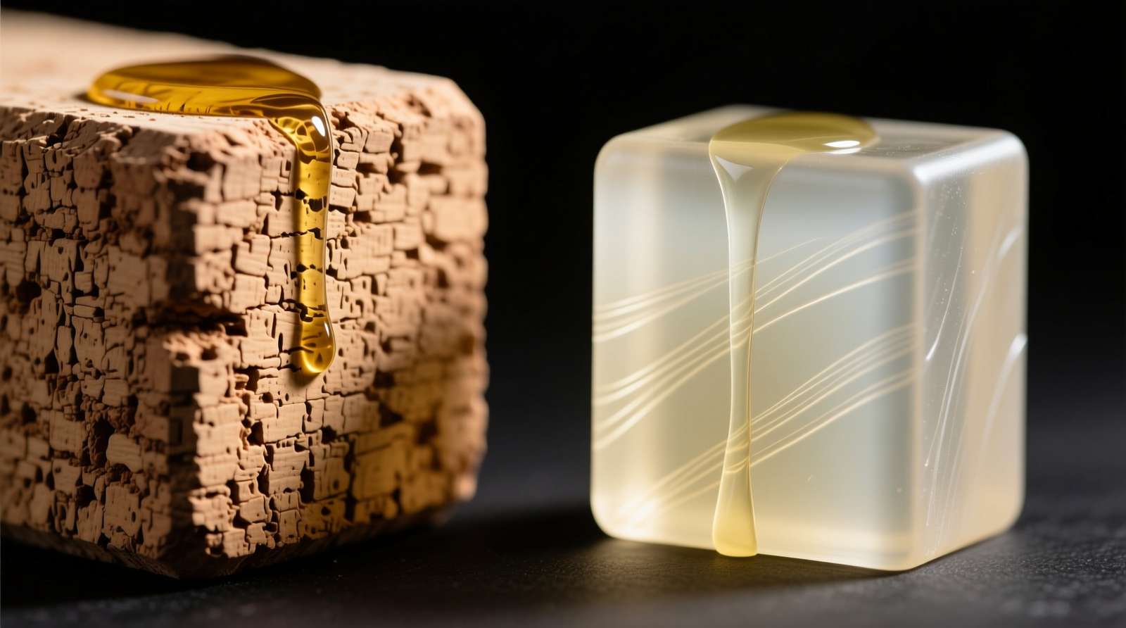 Side-by-side macro photography: left, a textured cork block with crisp, dry surface after tea tree wipe; right, a TPE block showing subtle sheen and faint residue lines where oil pooled in grooves