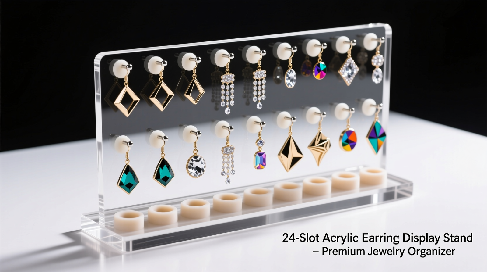 A clear acrylic earring stand with 24 individual vertical slots, each holding one statement earring with its back visibly secured in a recessed silicone well below the post