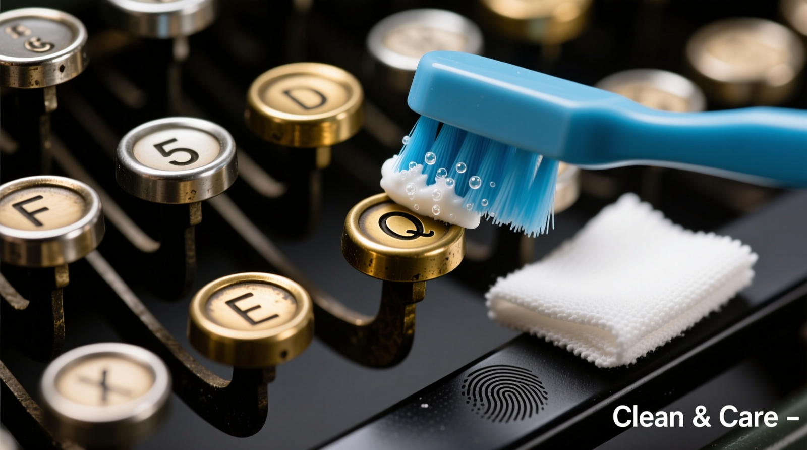 Close-up of a 1950s Underwood typewriter keyboard showing dust accumulation around key stems, with a soft sable brush gently sweeping debris from the space between two ivory-colored keycaps—no liquid visible, no pressure applied.