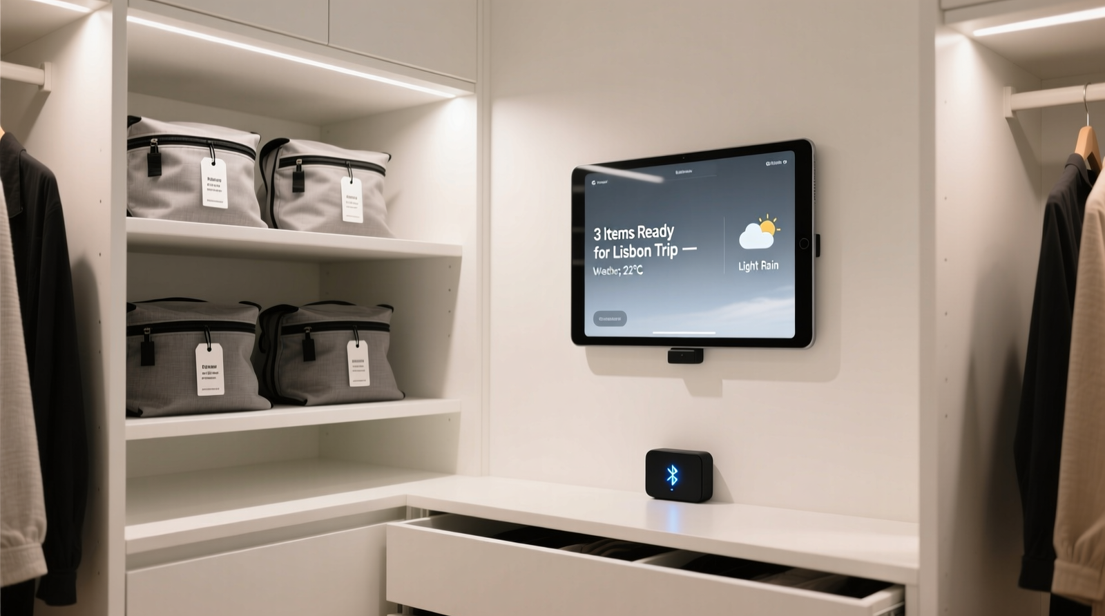 A minimalist walk-in closet with labeled RFID-tagged garment bags on open shelving, a Bluetooth hub mounted discreetly inside a drawer, and a tablet showing a clean interface displaying '3 Items Ready for Lisbon Trip — Weather: 22°C, Light Rain'