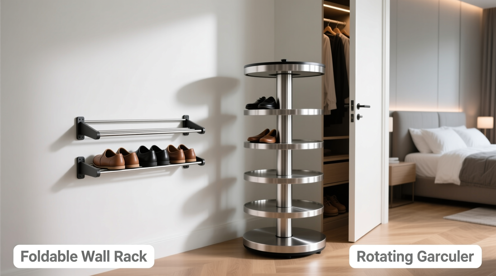 Side-by-side comparison: a slim, wall-mounted foldable shoe rack fully compressed beside a freestanding rotating carousel partially blocked by a closet door swing